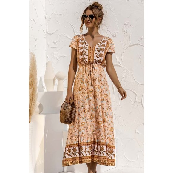 Boho Floral Print V-Neck Midi Dress - Picture 2 of 2